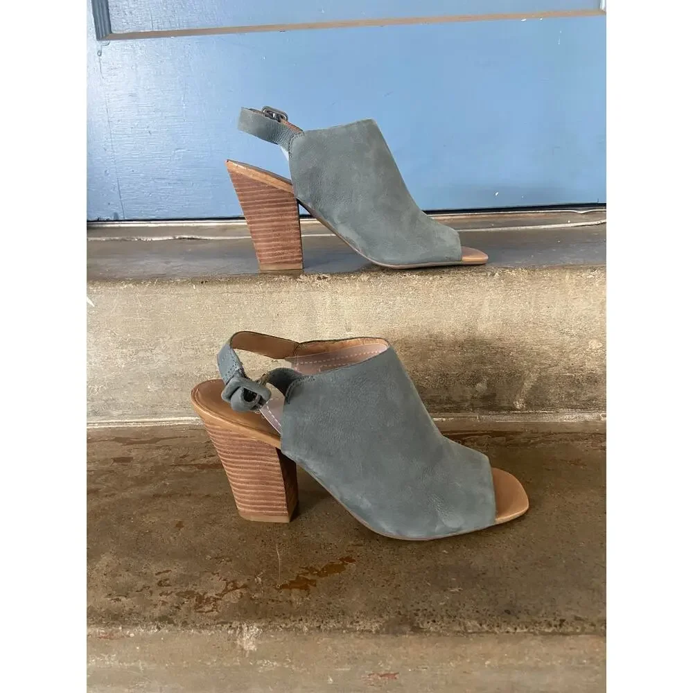 Franco Sarto Monogram denim blue nubuck leather peep toe sandal w/ block heel